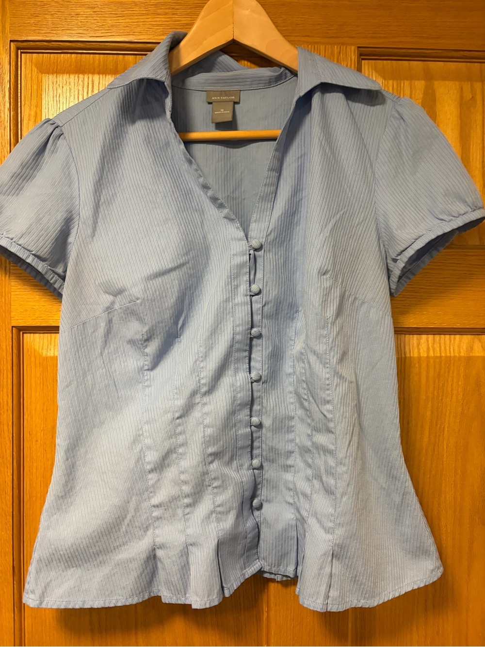 Ann Taylor Light Blue Pinstripe Short-Sleeve Button Front Blouse